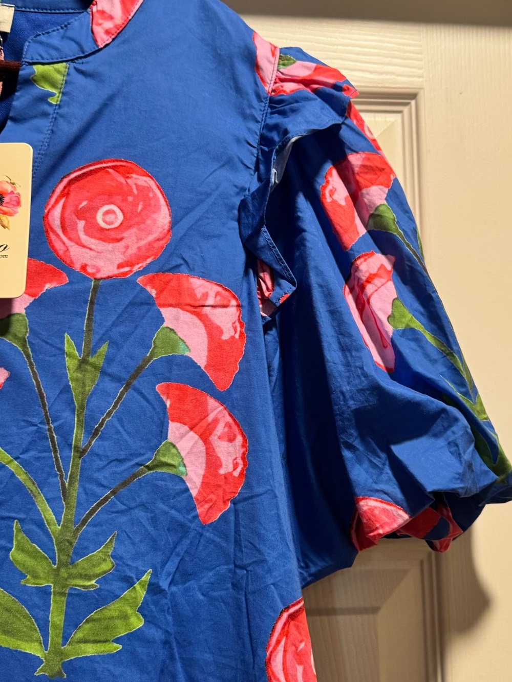 NWT Entro Blue Floral Puff-Sleeve Mini Dress Size Medium - Picture 3 of 6